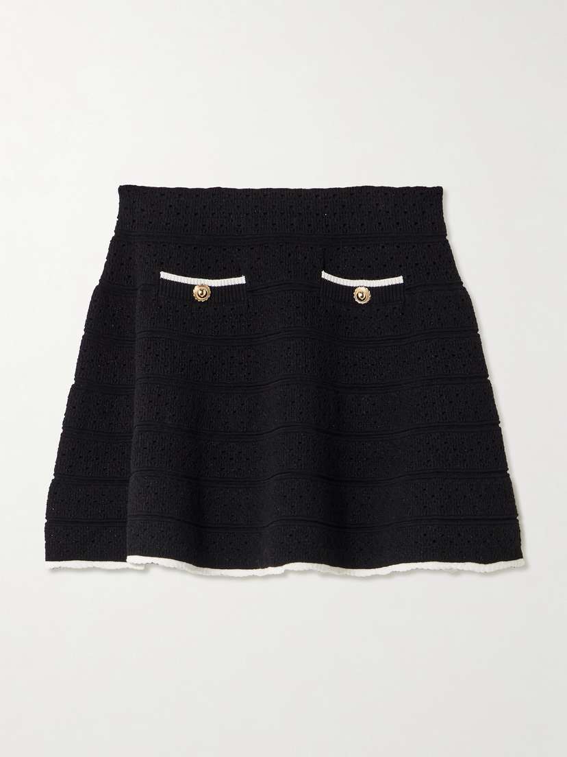 Self-Portrait Button-embellished Metallic Cotton-blend Pointelle-knit Mini Skirt