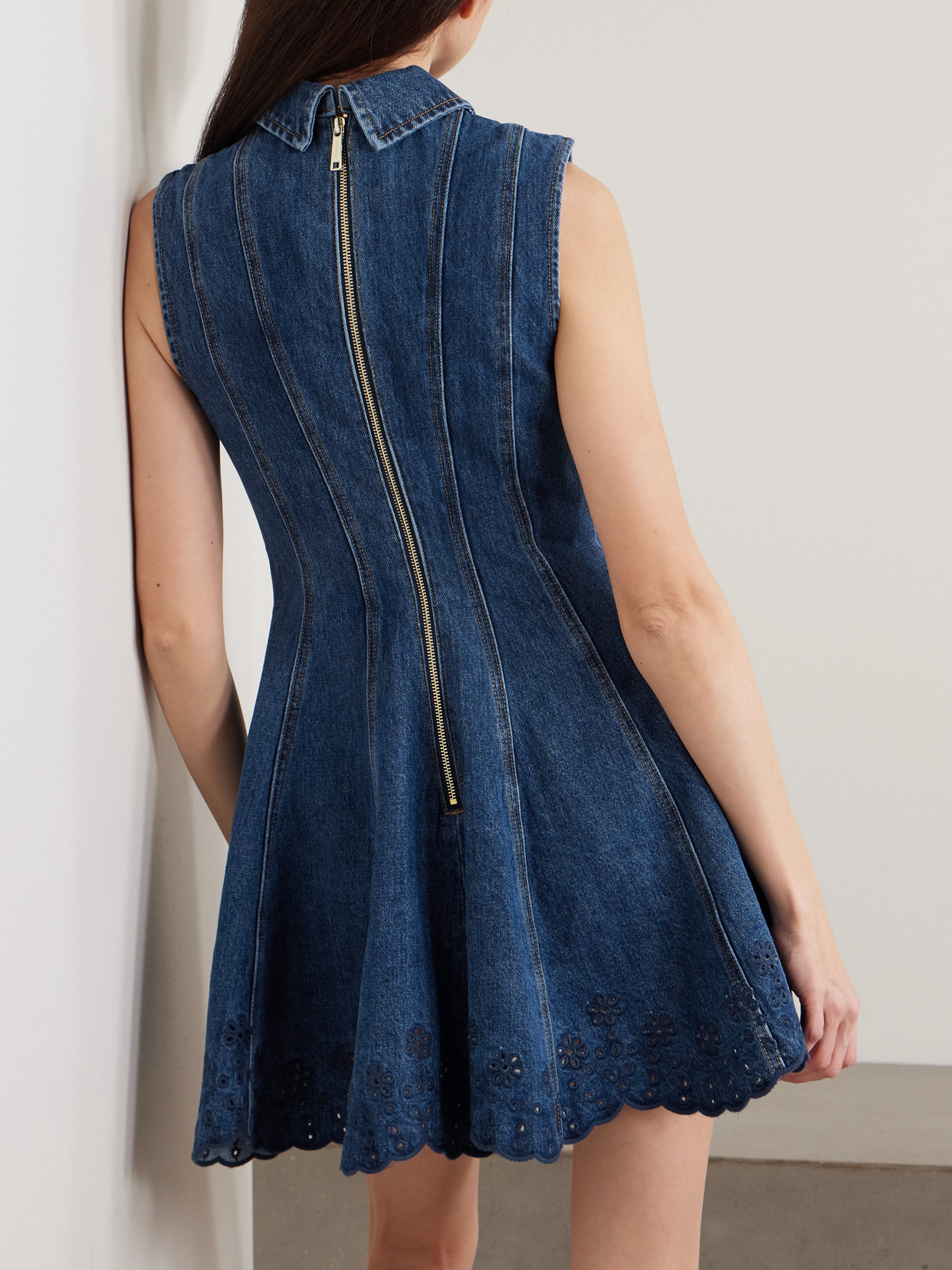 Self-portrait Paneled Broderie Anglaise Denim Mini Dress In Blue