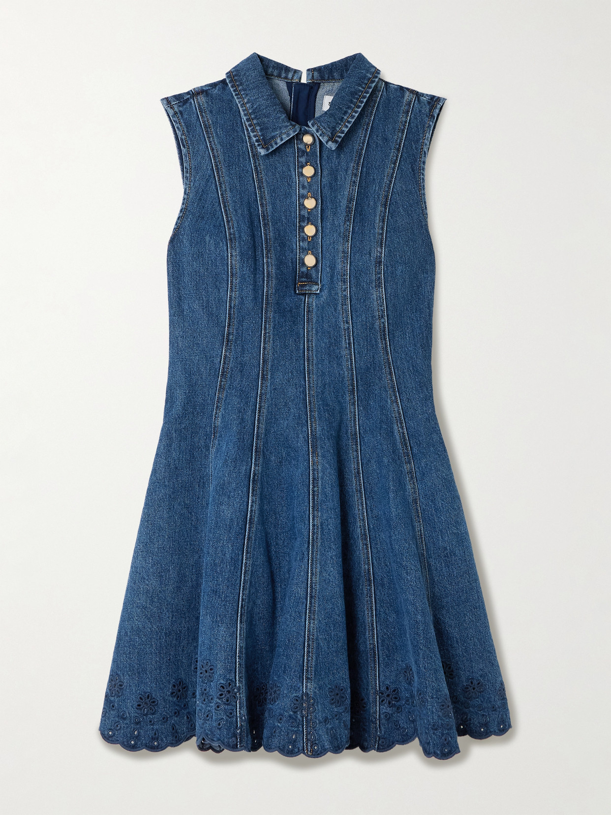 Self-portrait Paneled Broderie Anglaise Denim Mini Dress In Blue