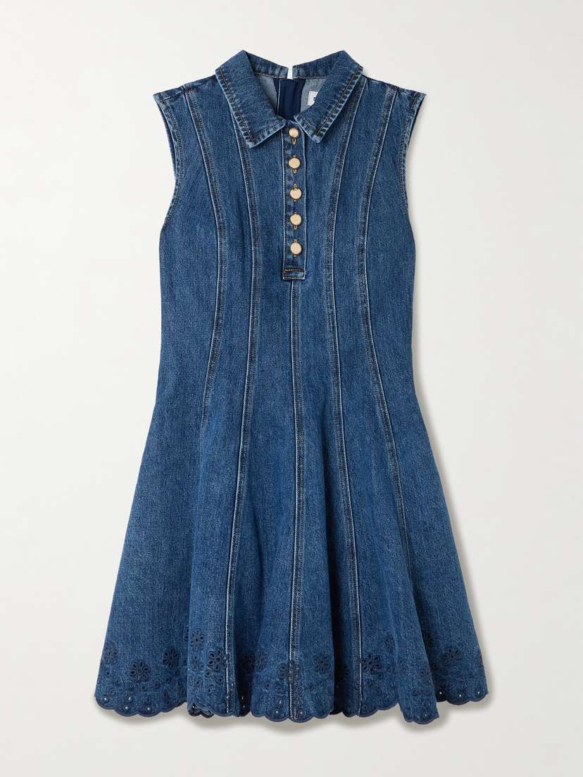 Self-Portrait Paneled Broderie Anglaise Denim Mini Dress