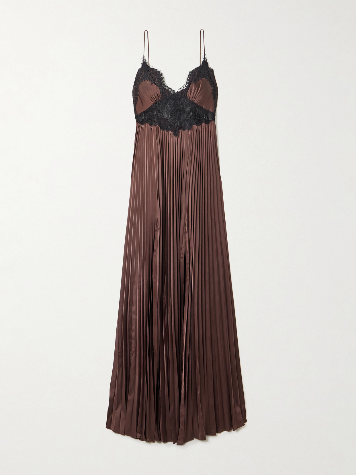 Self-portrait Lace-trimmed Plissé-satin Maxi Dress In Brown
