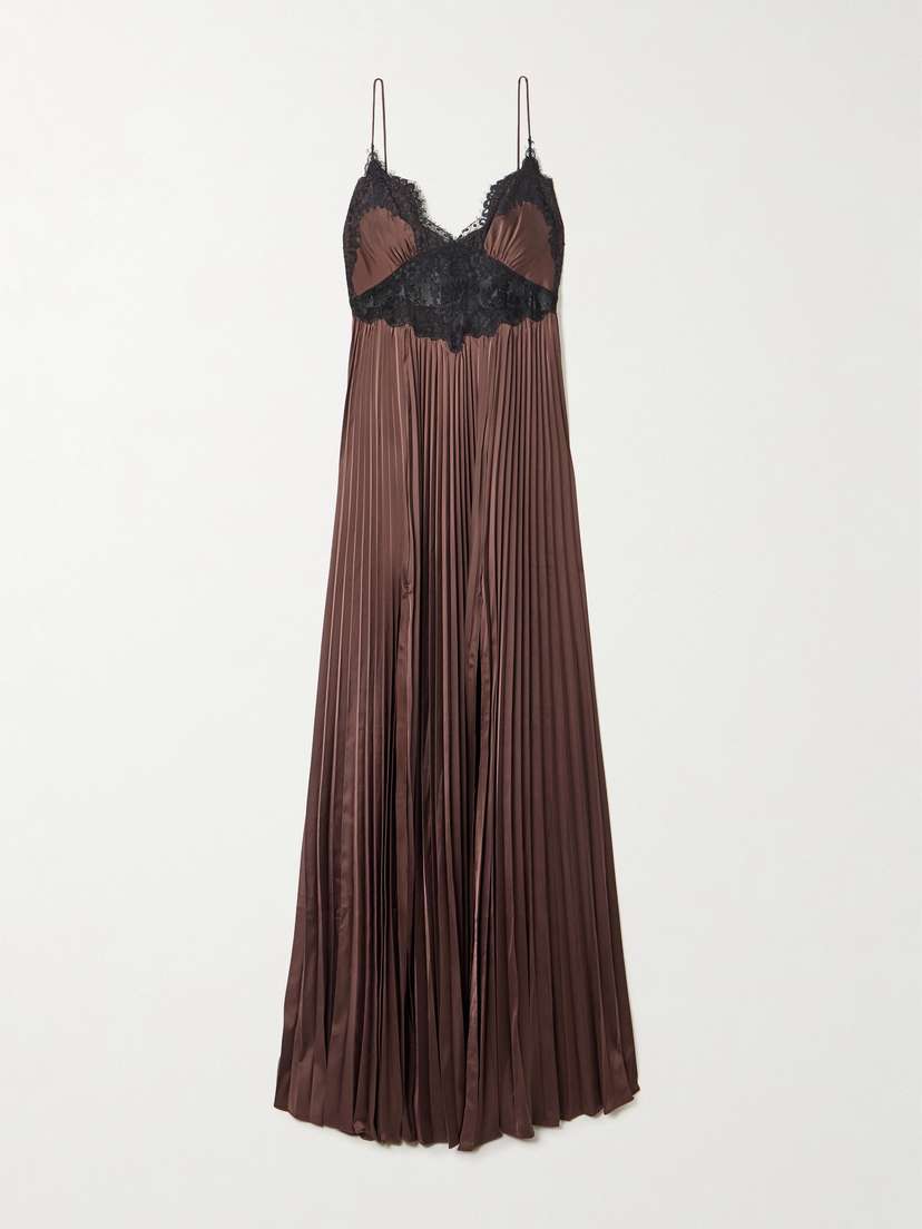 Self-Portrait Lace-trimmed Plissé-satin Maxi Dress