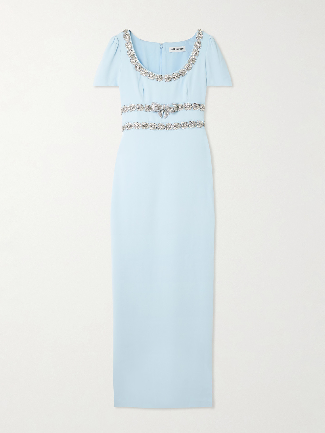Self-portrait Bow-detailed Crystal-embellished Crepe Maxi Dress In Blue