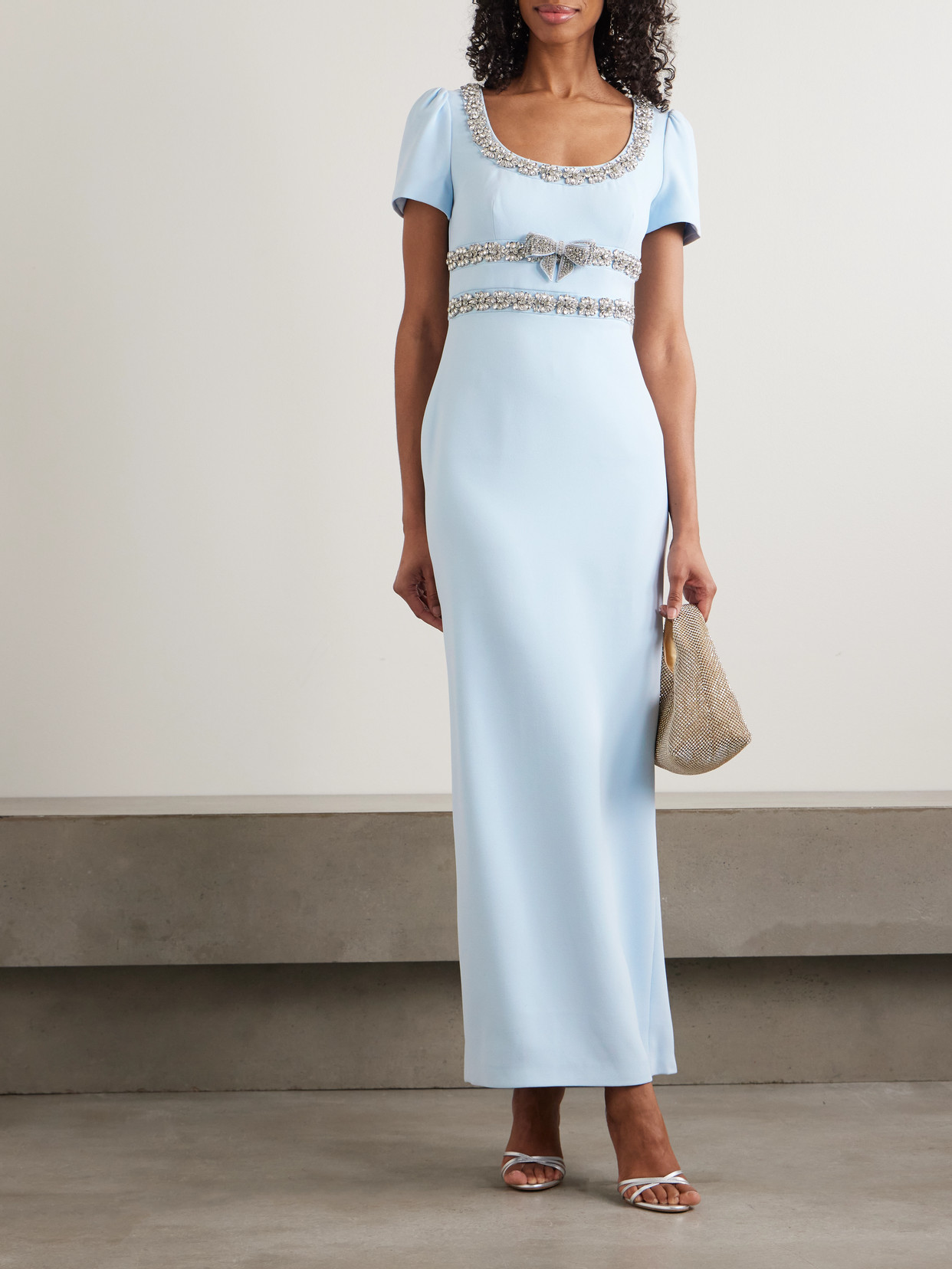 Self-portrait Bow-detailed Crystal-embellished Crepe Maxi Dress In Blue