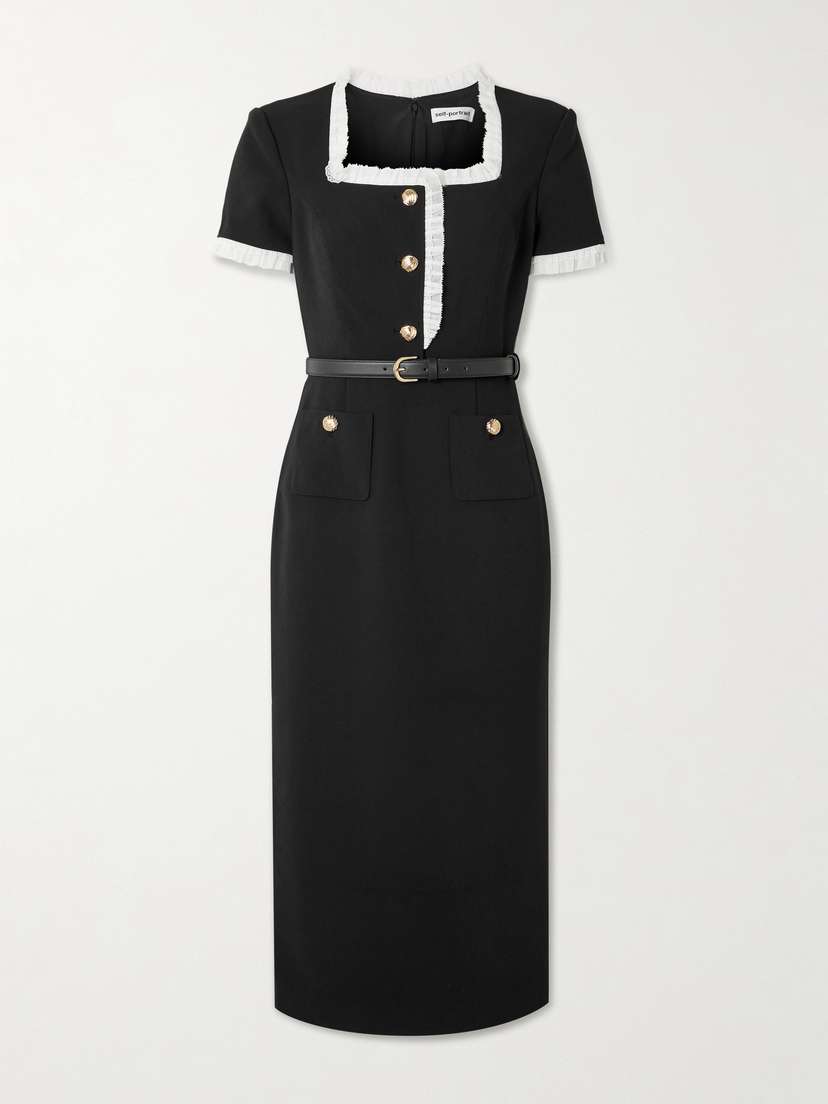 Self-Portrait Belted Ruffled Lace-trimmed Crepe Midi Dress