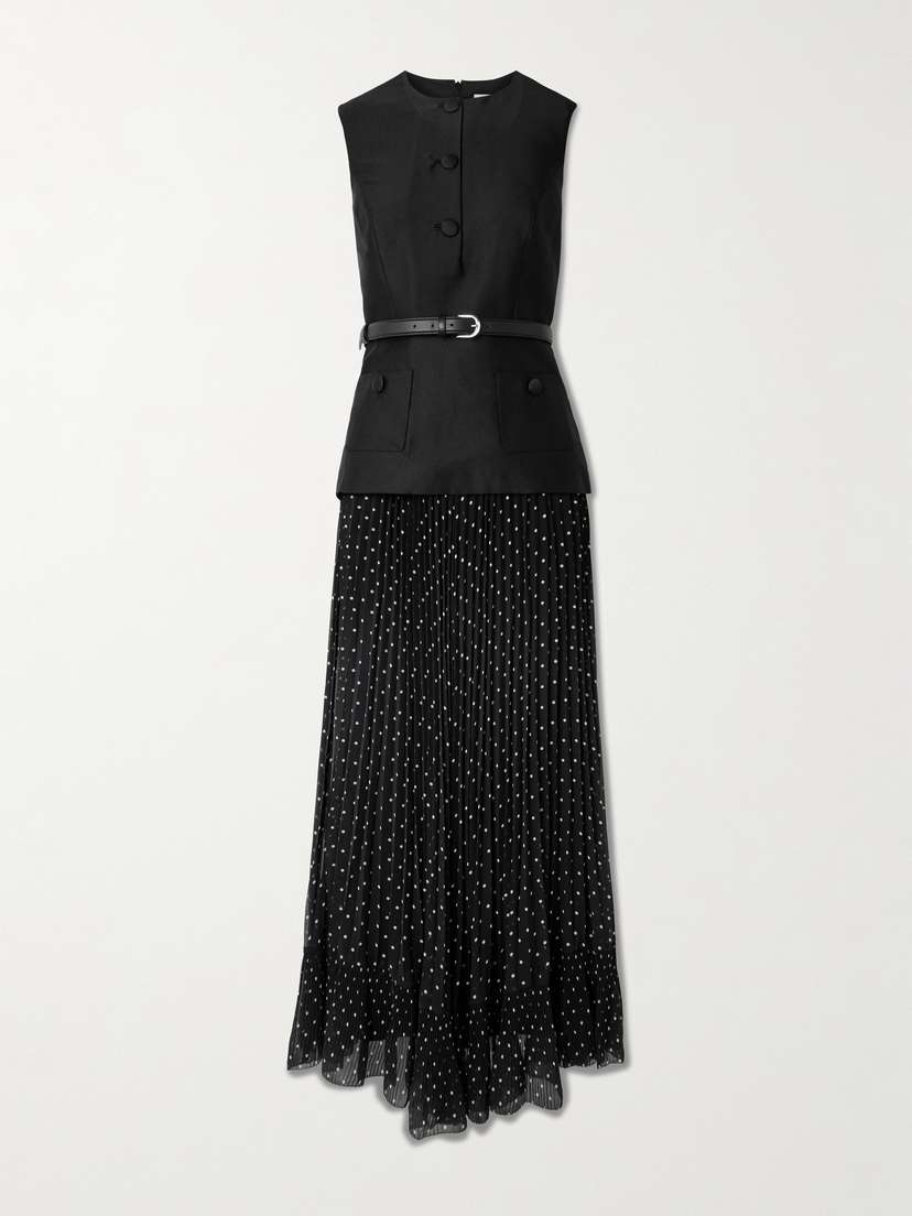 Self-Portrait Belted Plissé Polka-dot Satin And Taffeta Midi Dress