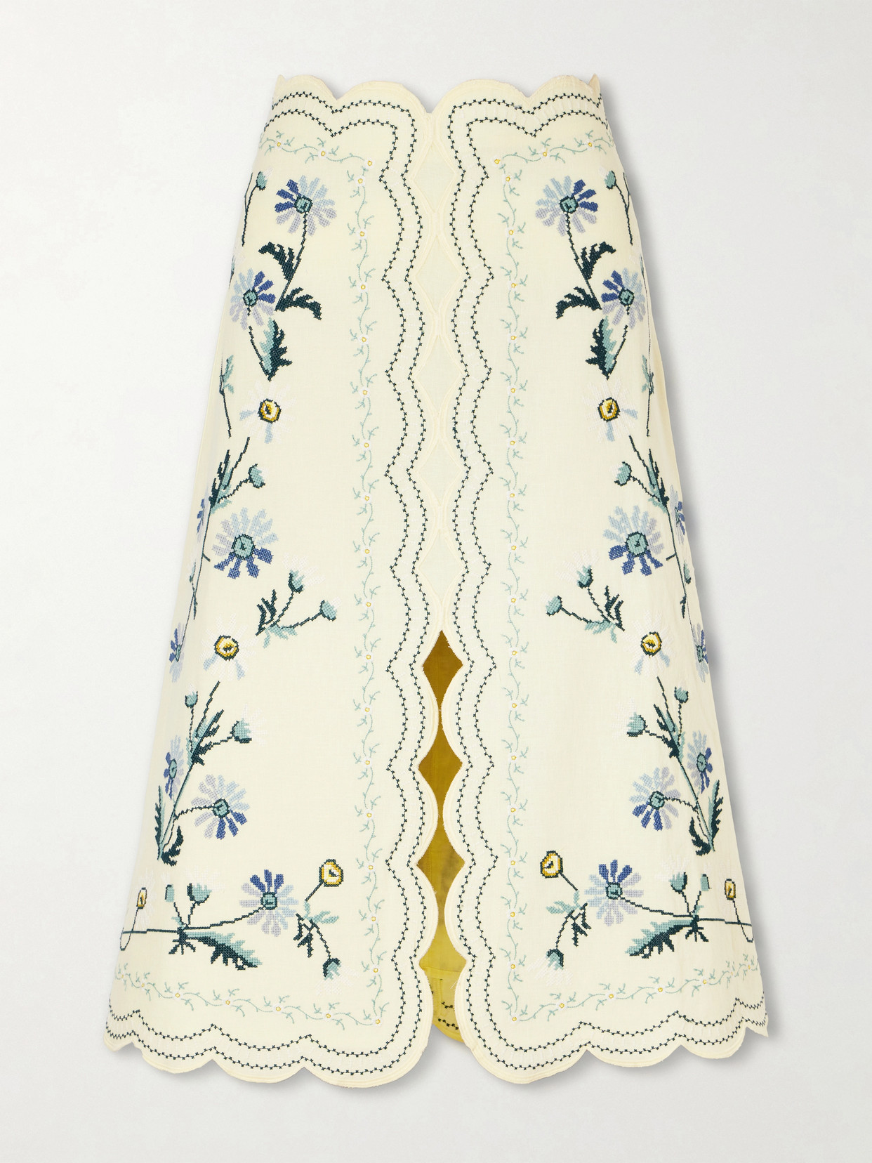 Sea Audra Embroidered Cotton And Linen-bend Midi Skirt In Multi