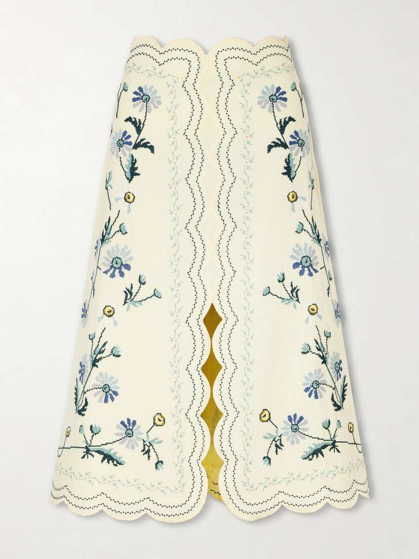 Sea Audra Embroidered Cotton And Linen-bend Midi Skirt