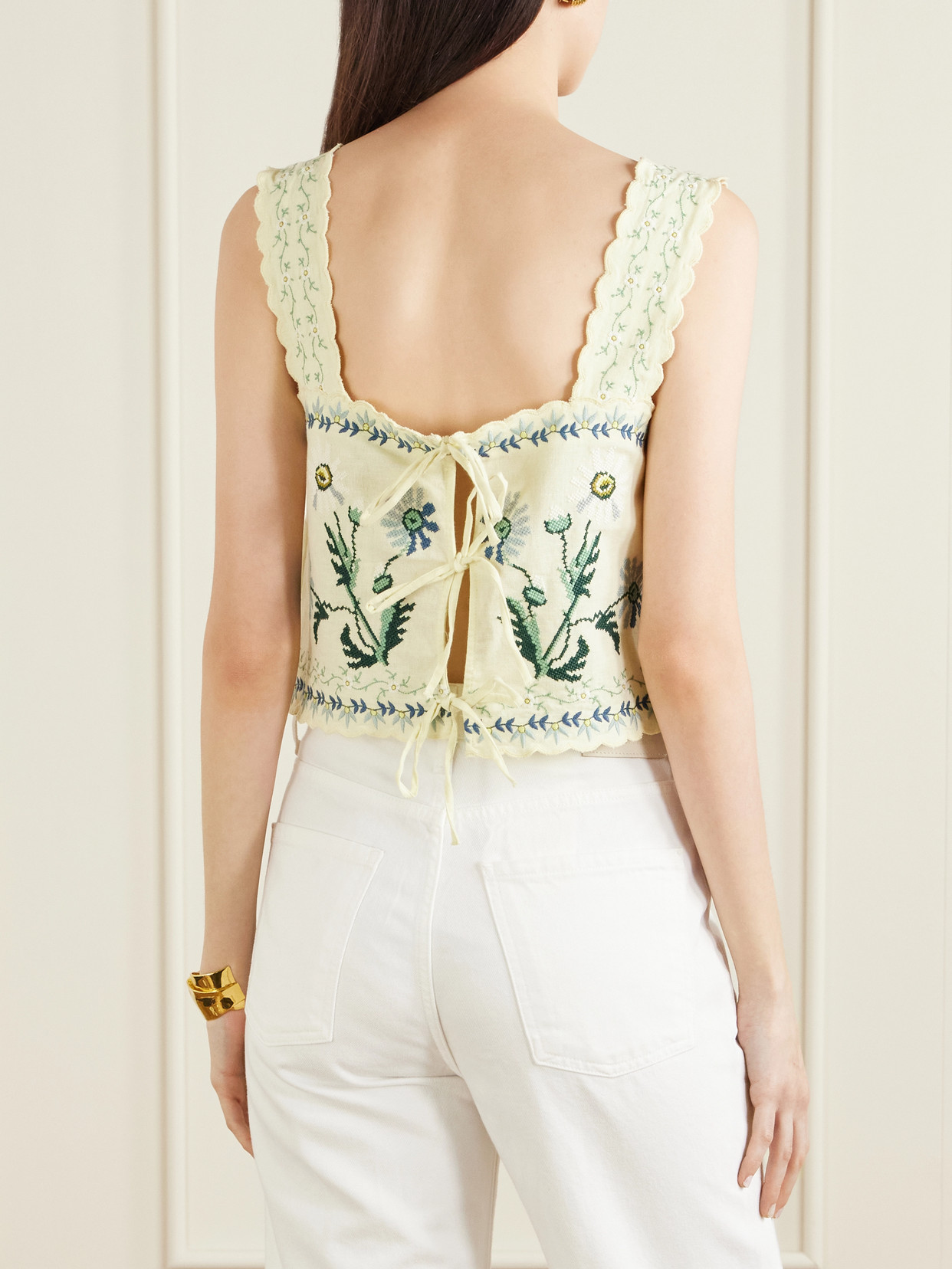 Audra Scalloped Embroidered Cotton And Linen-Blend Top