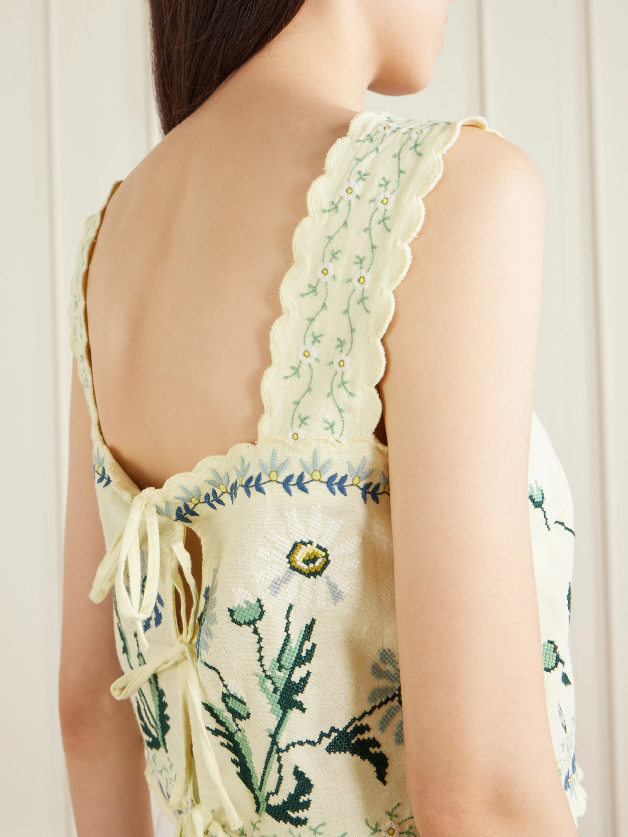 Audra Scalloped Embroidered Cotton And Linen-Blend Top