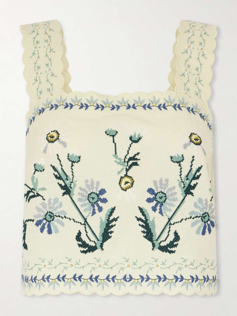 Sea Audra Scalloped Embroidered Cotton And Linen-blend Top