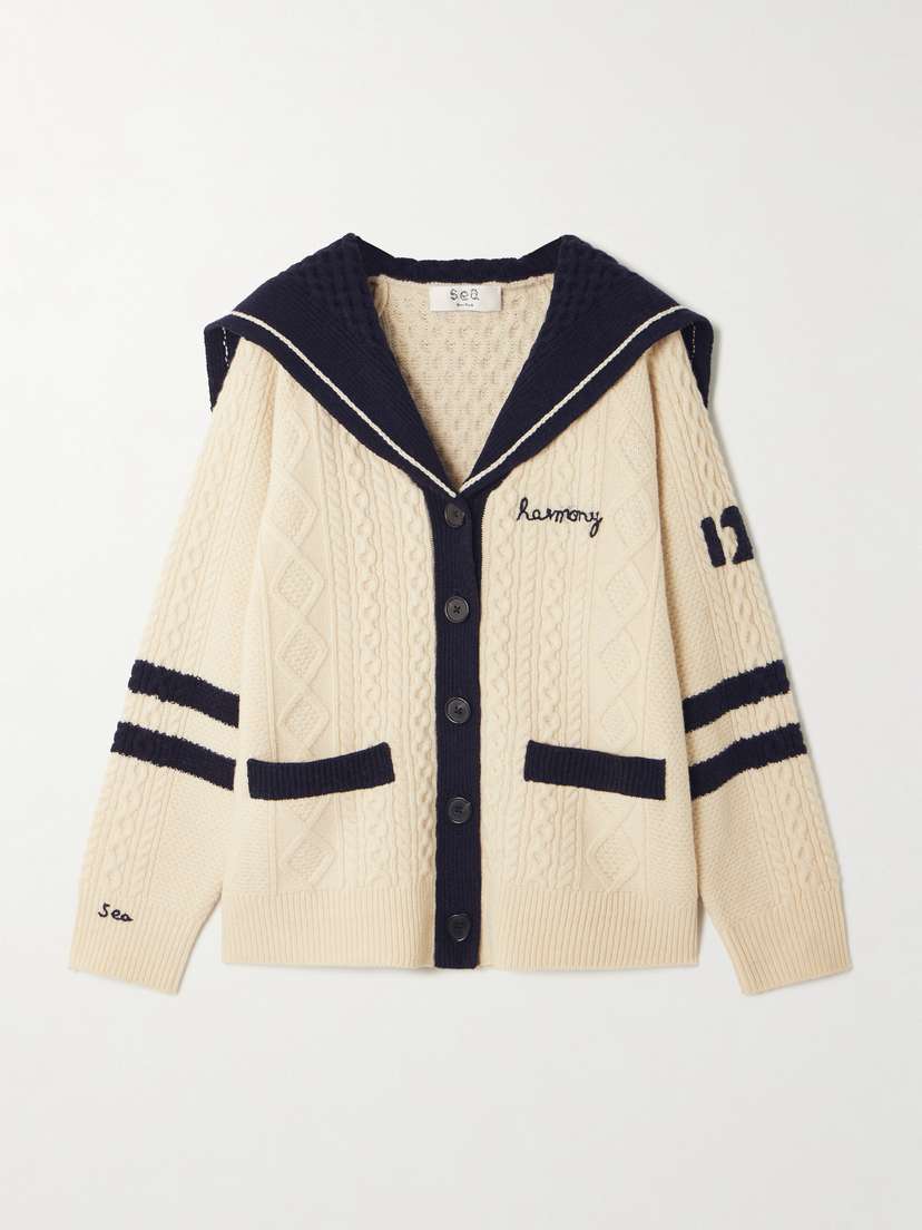 Sea Maren Embroidered Cable-knit Wool Cardigan