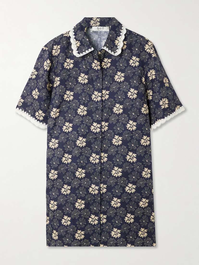 Sea Gloria Embroidered Printed Linen Mini Dress
