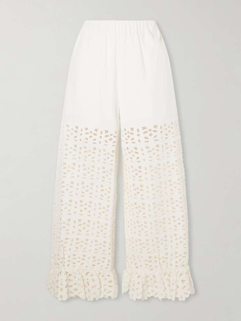 Sea Leila Broderie Anglaise-trimmed Cotton And Linen-blend Wide-leg Pants
