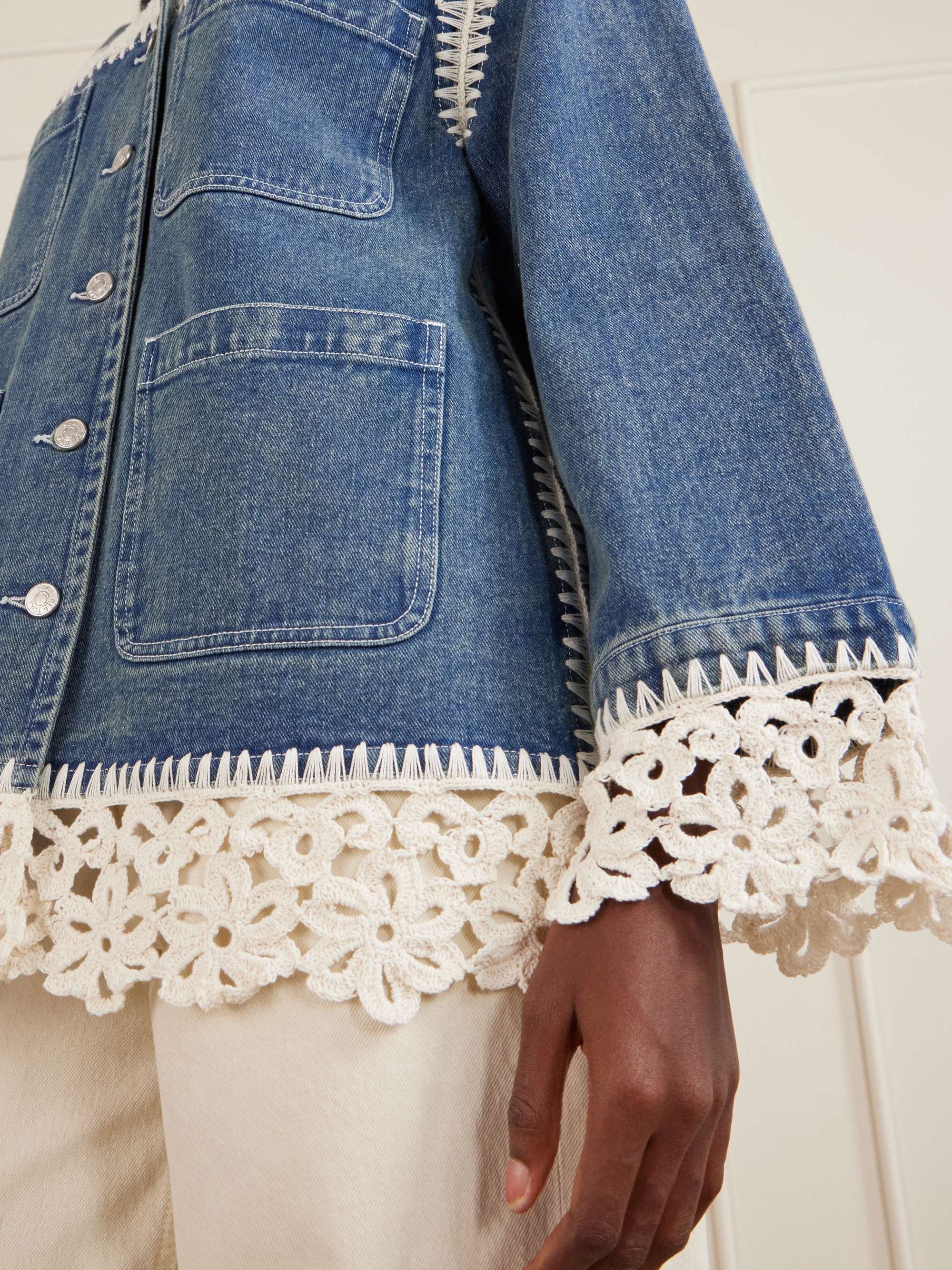 SEA Stasia crochet-trimmed denim jacket | NET-A-PORTER