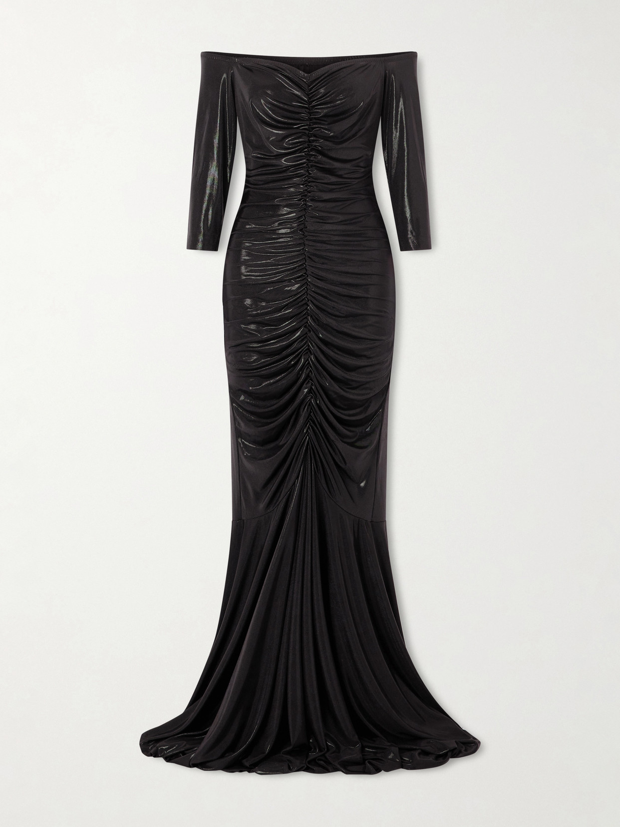 Norma Kamali Off-shoulder Ruched Stretch-lamé Gown In Black