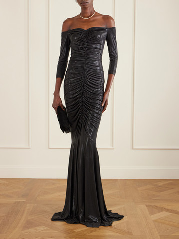 Norma Kamali Off-the-shoulder ruched stretch-lamé gown