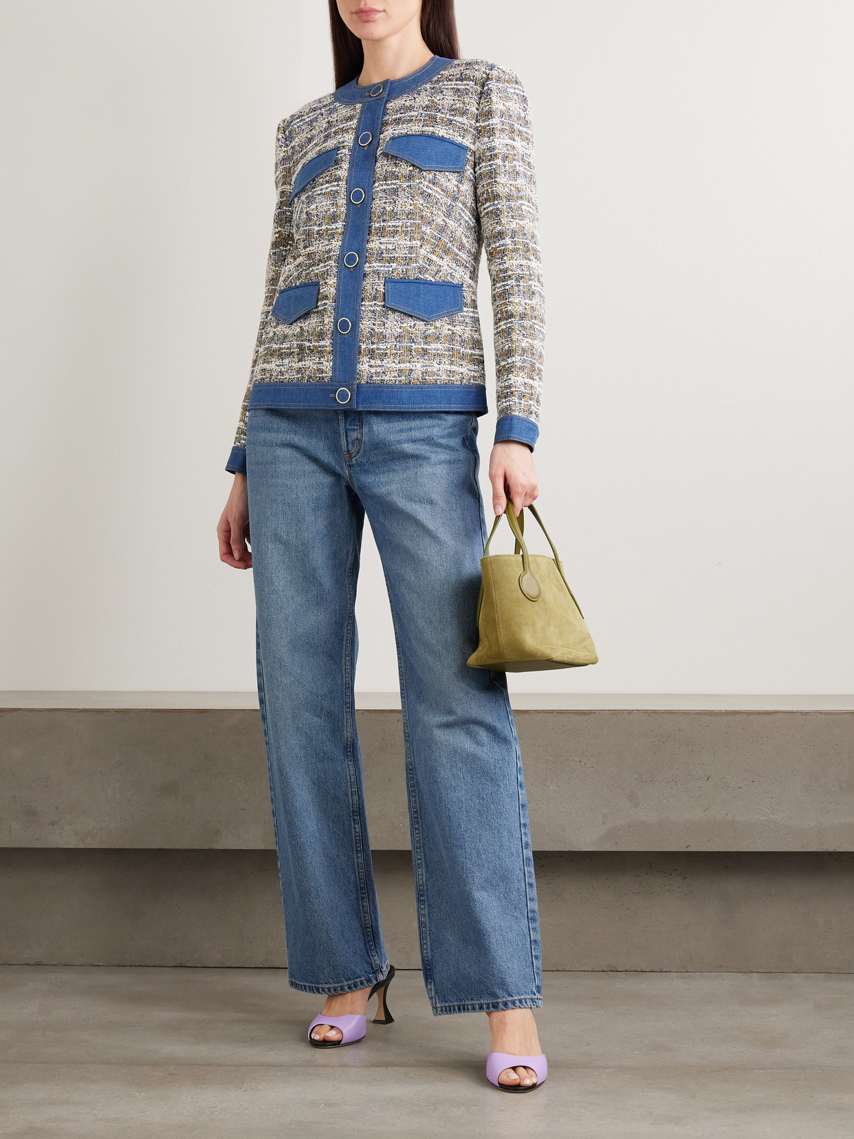 Veronica Beard Ainslie Denim-trimmed Cotton-blend Tweed Jacket In Blue