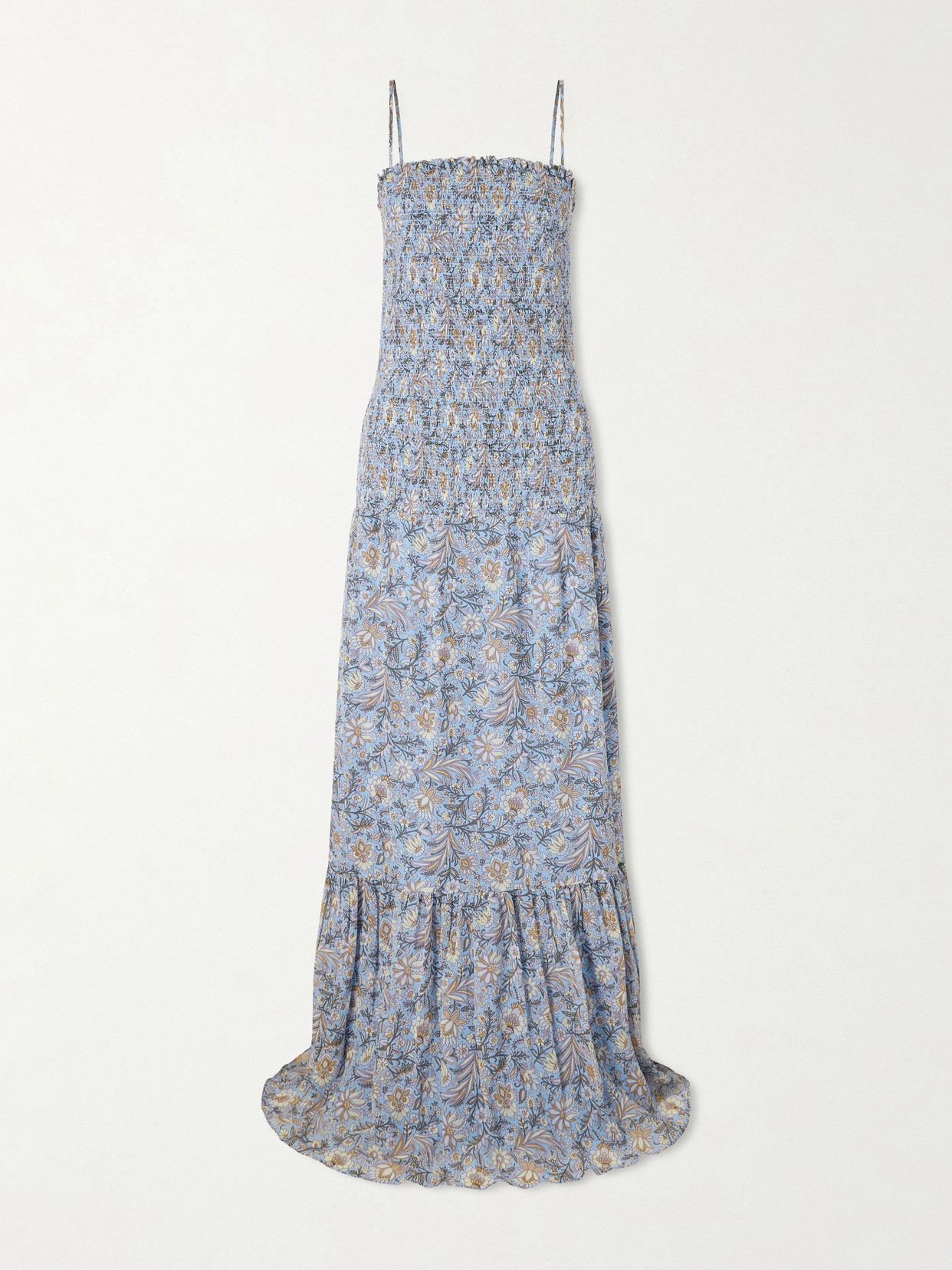 Veronica Beard Clem Shirred Floral-print Cotton And Silk-blend Midi Dress In Blue