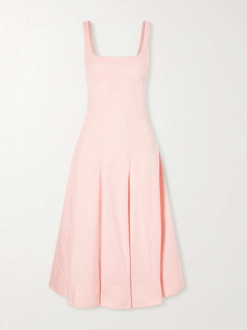 Staud Willow Pleated Cotton-blend Midi Dress