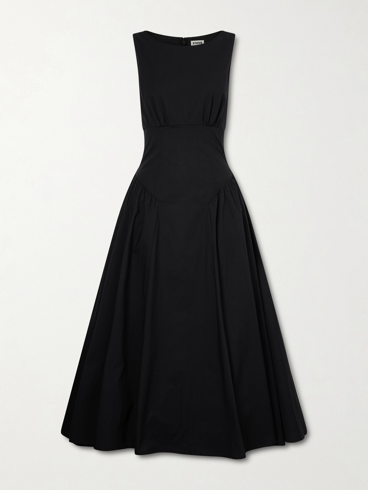 Staud Gwen Paneled Pleated Cotton-blend Poplin Midi Dress In Black