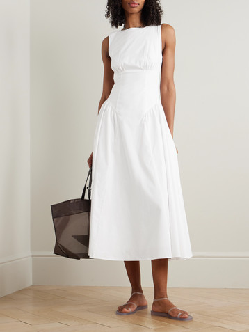 Staud Gwen paneled pleated cotton-blend poplin midi dress
