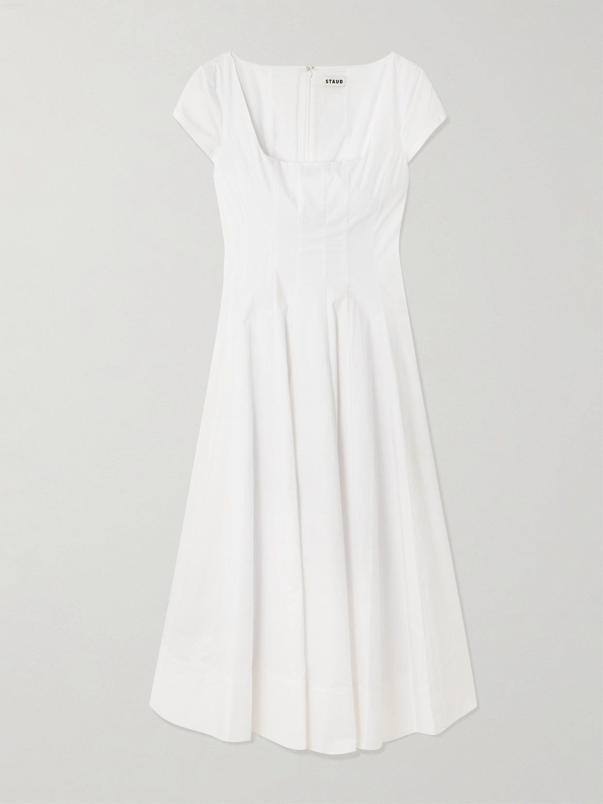 Staud Wells Pleated Cotton-blend Poplin Midi Dress In White
