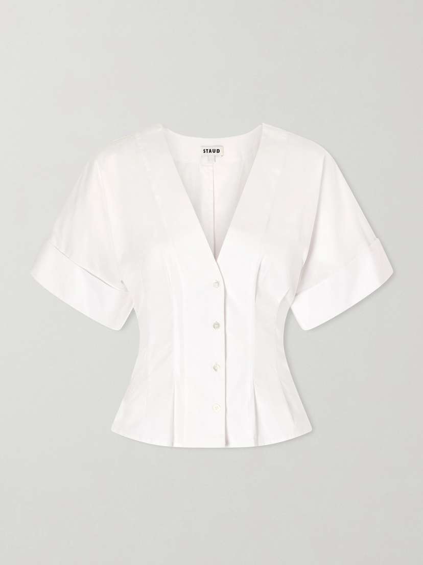 Staud Elle Pleated Cotton-blend Poplin Blouse