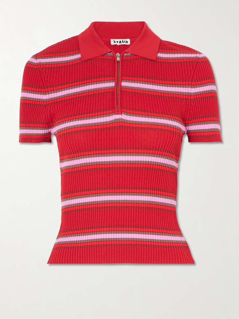 Staud Ren Striped Ribbed-knit Polo Shirt