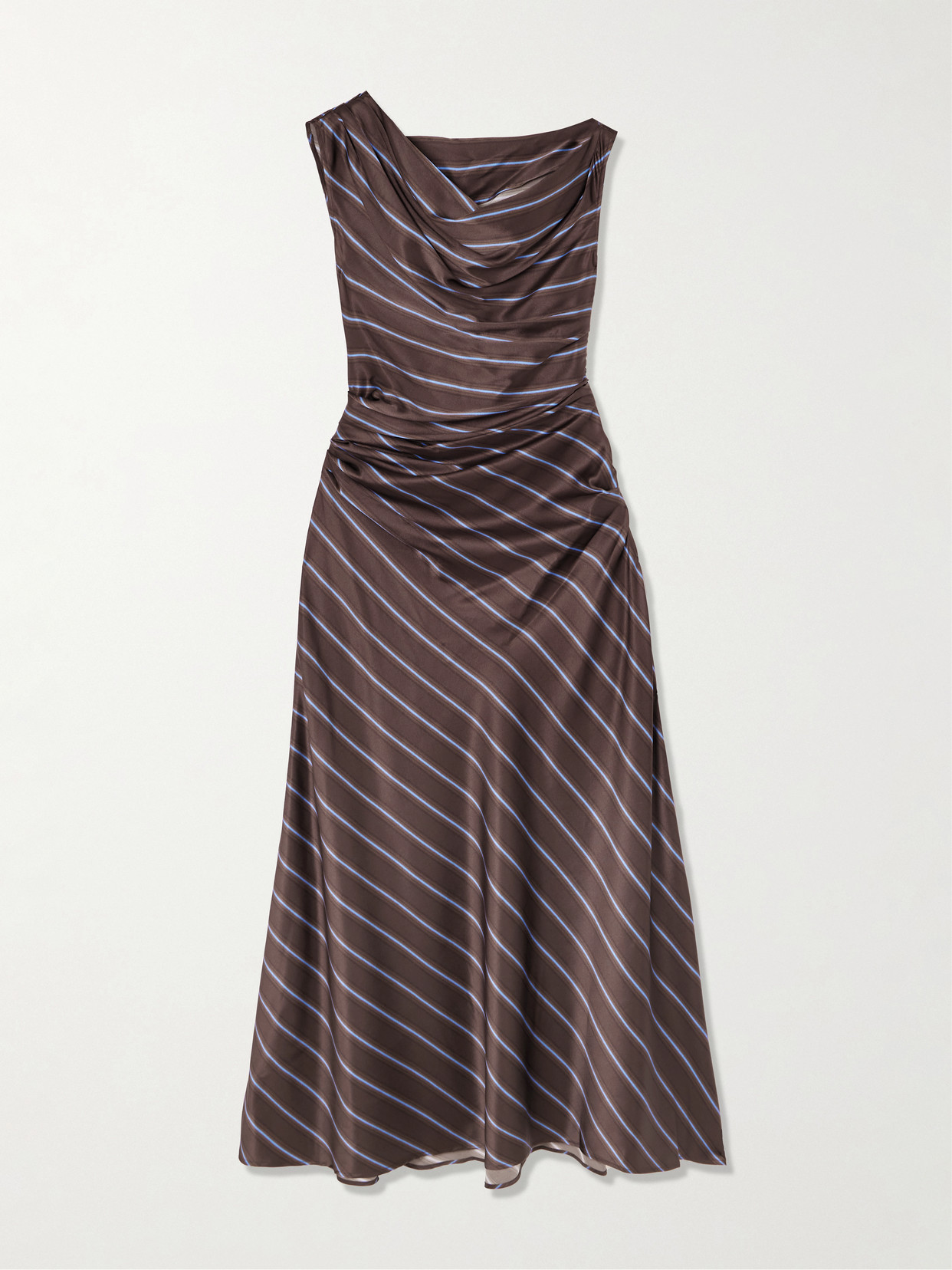 Staud Phare Draped Striped Stretch-silk Midi Dress In Brown