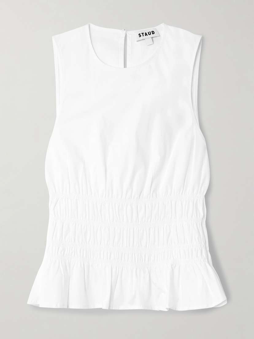 Staud Culver Shirred Cotton-blend Poplin Peplum Top