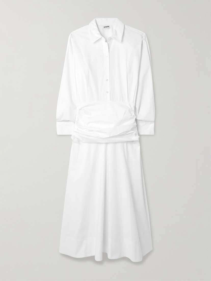 Staud Indya Gathered Cotton-blend Poplin Midi Shirt Dress