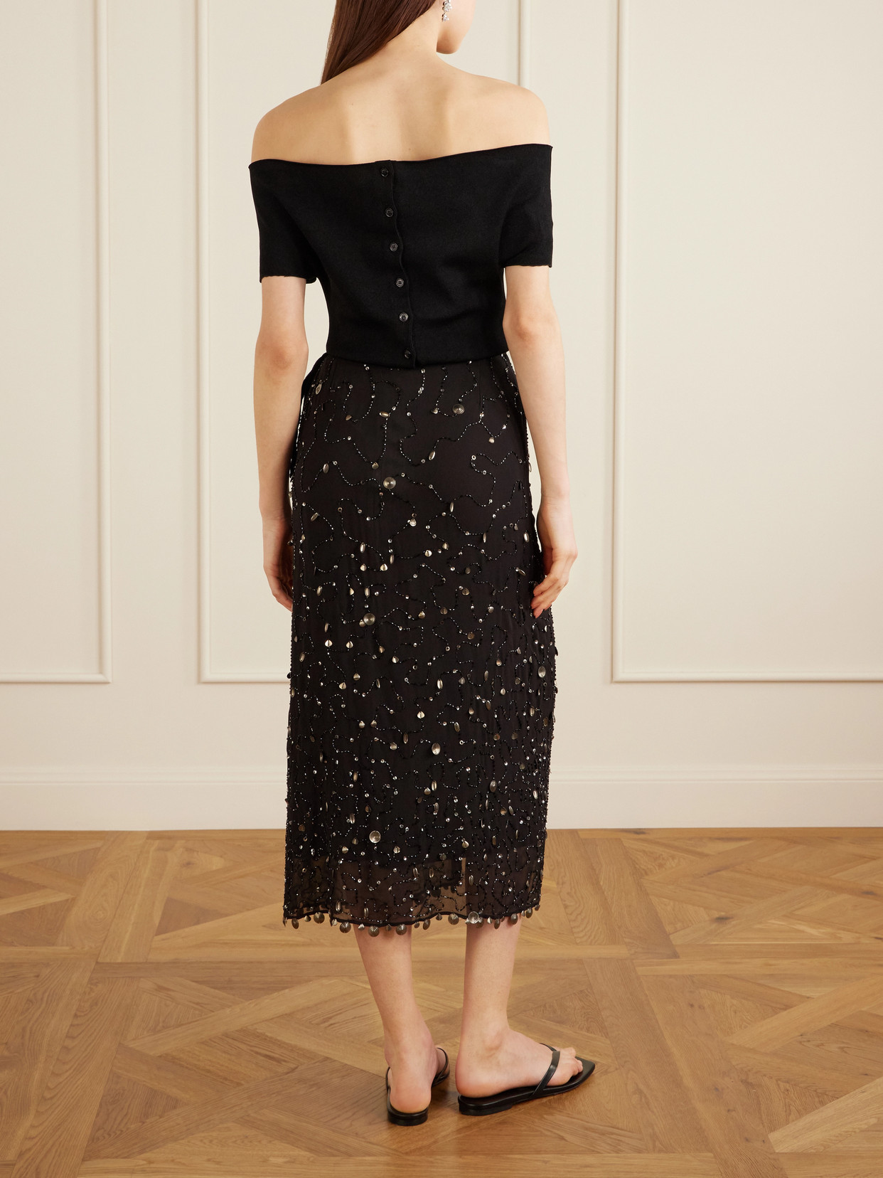 Mer Embellished Chiffon Midi Wrap Skirt