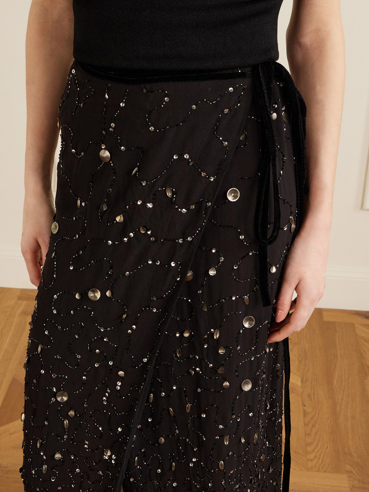 Mer Embellished Chiffon Midi Wrap Skirt