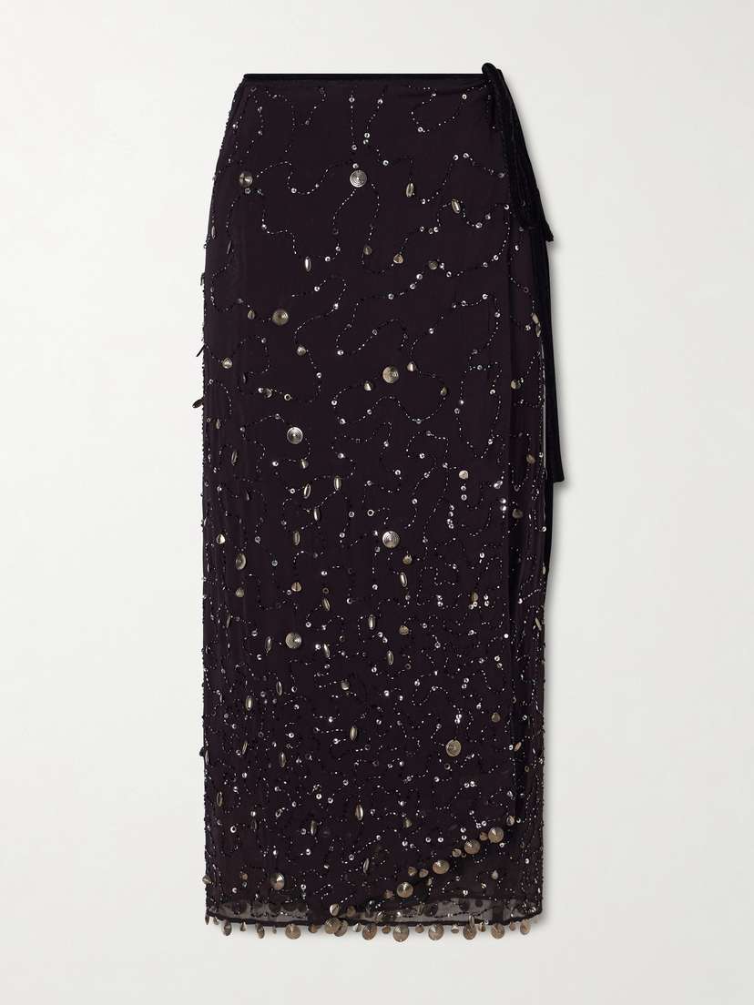 Staud Mer Embellished Chiffon Midi Wrap Skirt