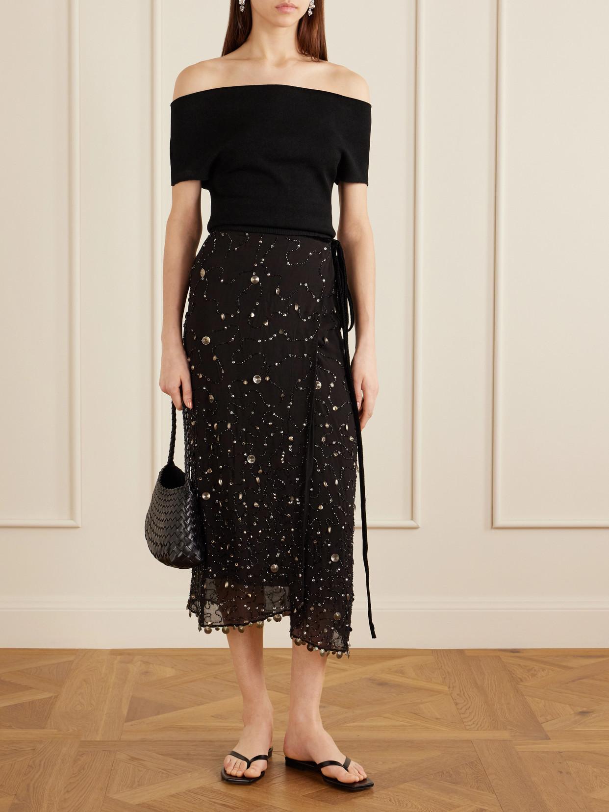 Mer Embellished Chiffon Midi Wrap Skirt