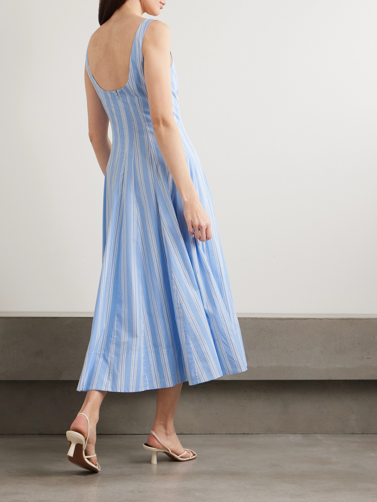 Staud Wells Paneled Striped Cotton-blend Poplin Midi Dress In Blue
