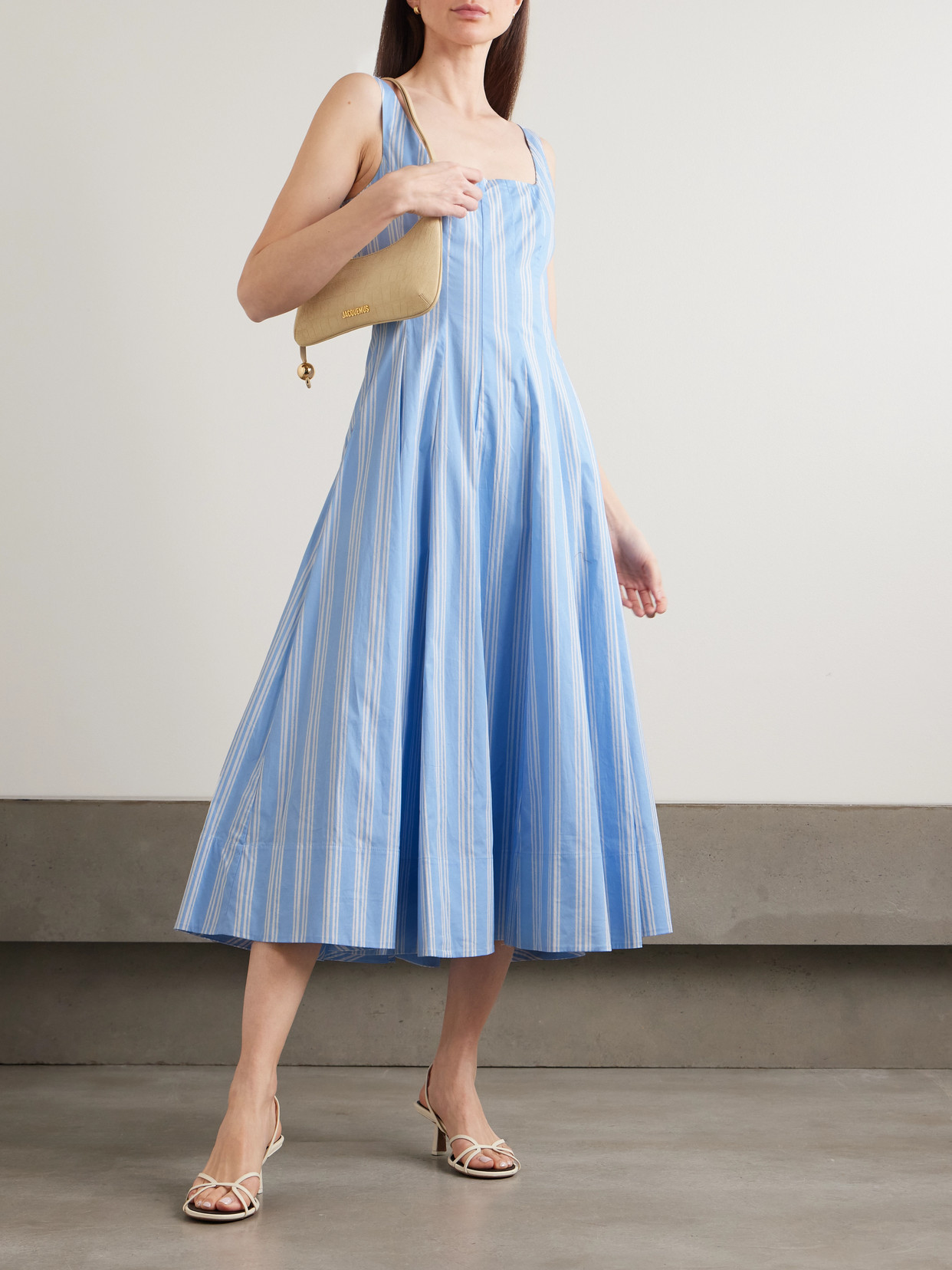 Staud Wells Paneled Striped Cotton-blend Poplin Midi Dress In Blue