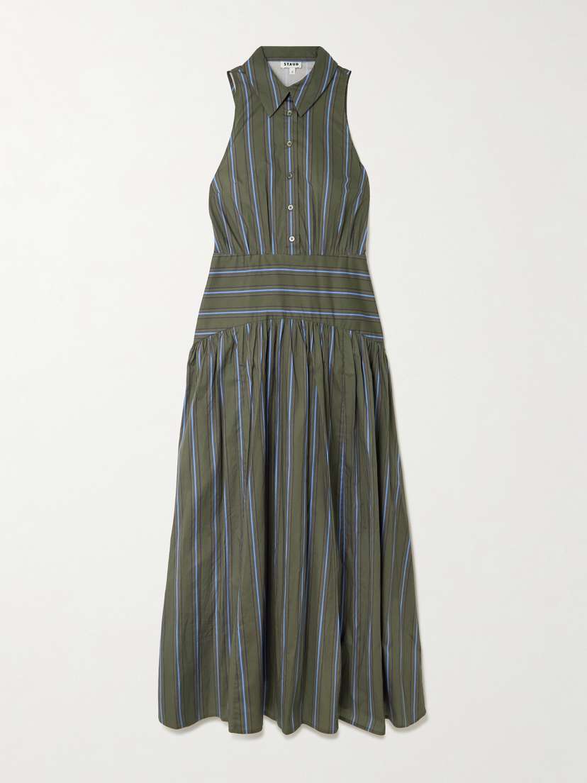 Staud Romy Striped Pleated Cotton-blend Shirt Dress