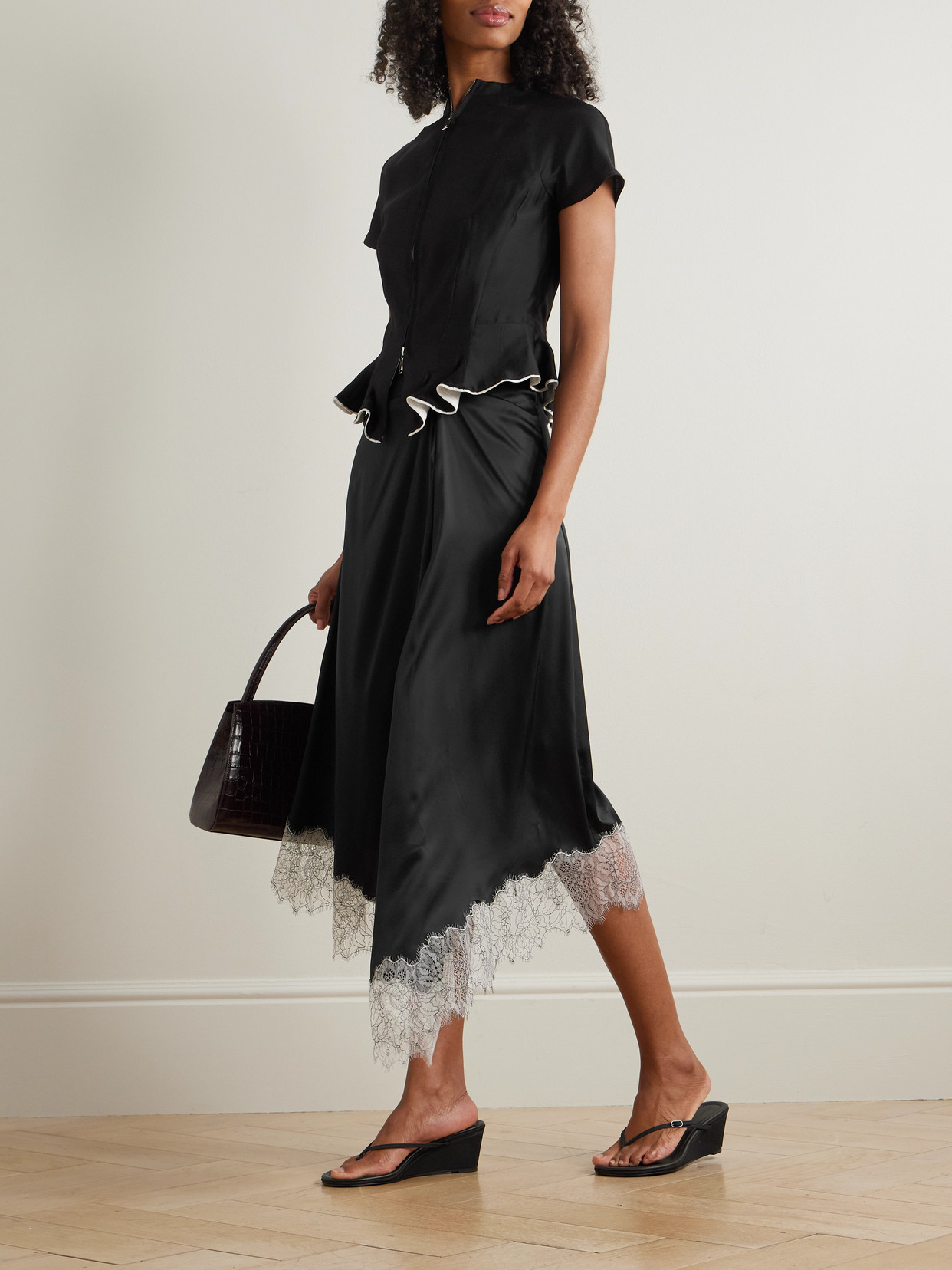 Sonoma Asymmetric Gathered Lace-Trimmed Silk-Blend Midi