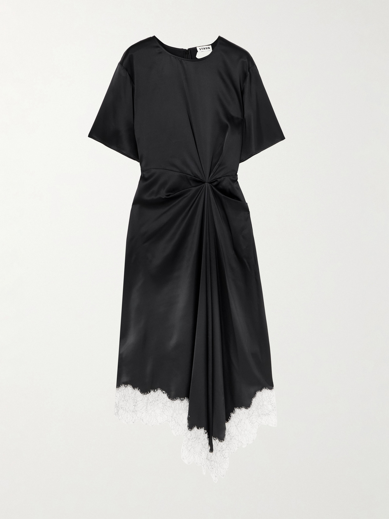 Staud Sonoma Asymmetric Gathered Lace-trimmed Silk-blend Satin Midi Dress In Black