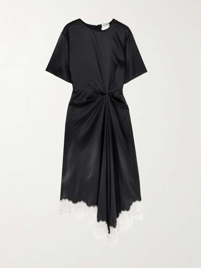 Staud Sonoma Asymmetric Gathered Lace-trimmed Silk-blend Satin Midi Dress
