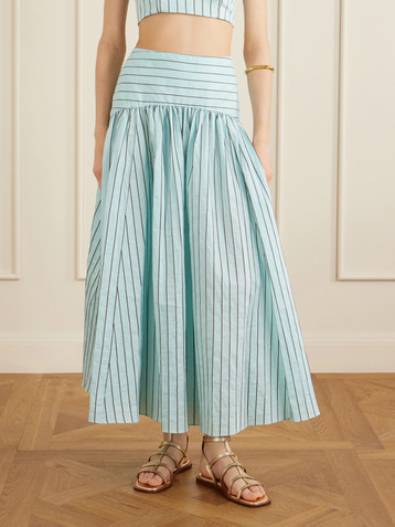 Staud Procida pleated striped cotton-blend poplin midi skirt