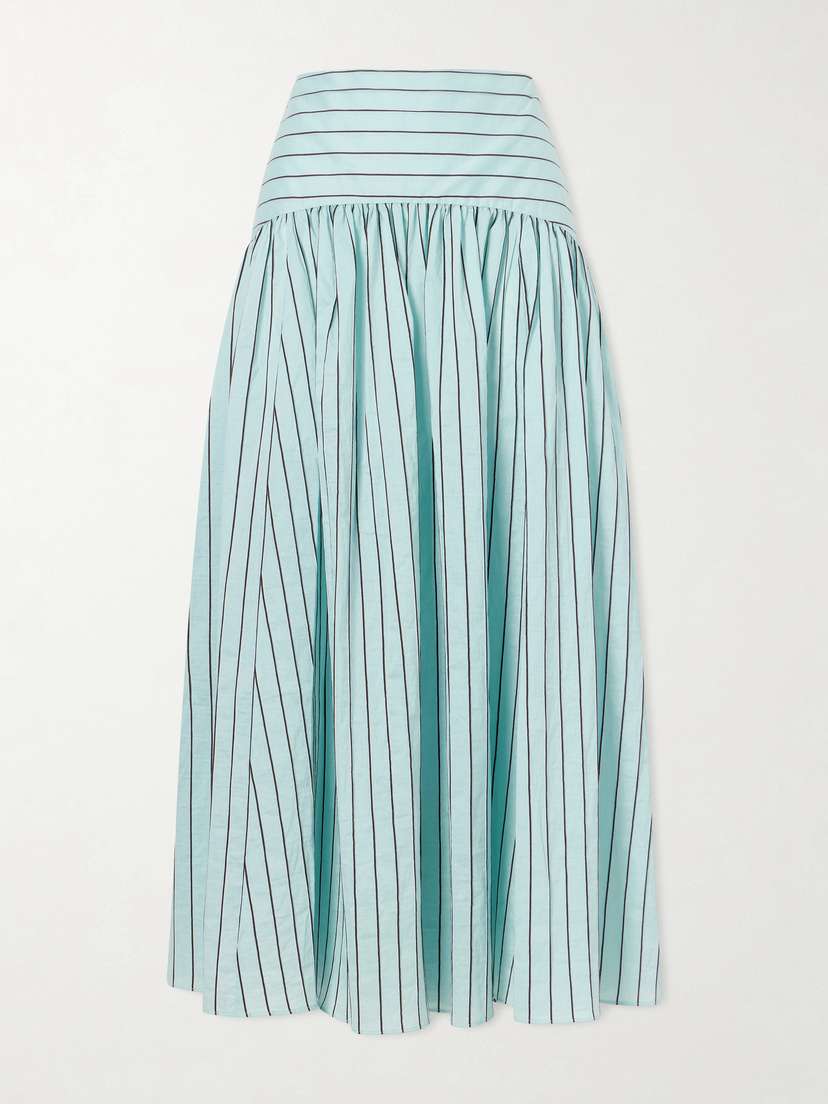 Staud Procida Pleated Striped Cotton-blend Poplin Midi Skirt