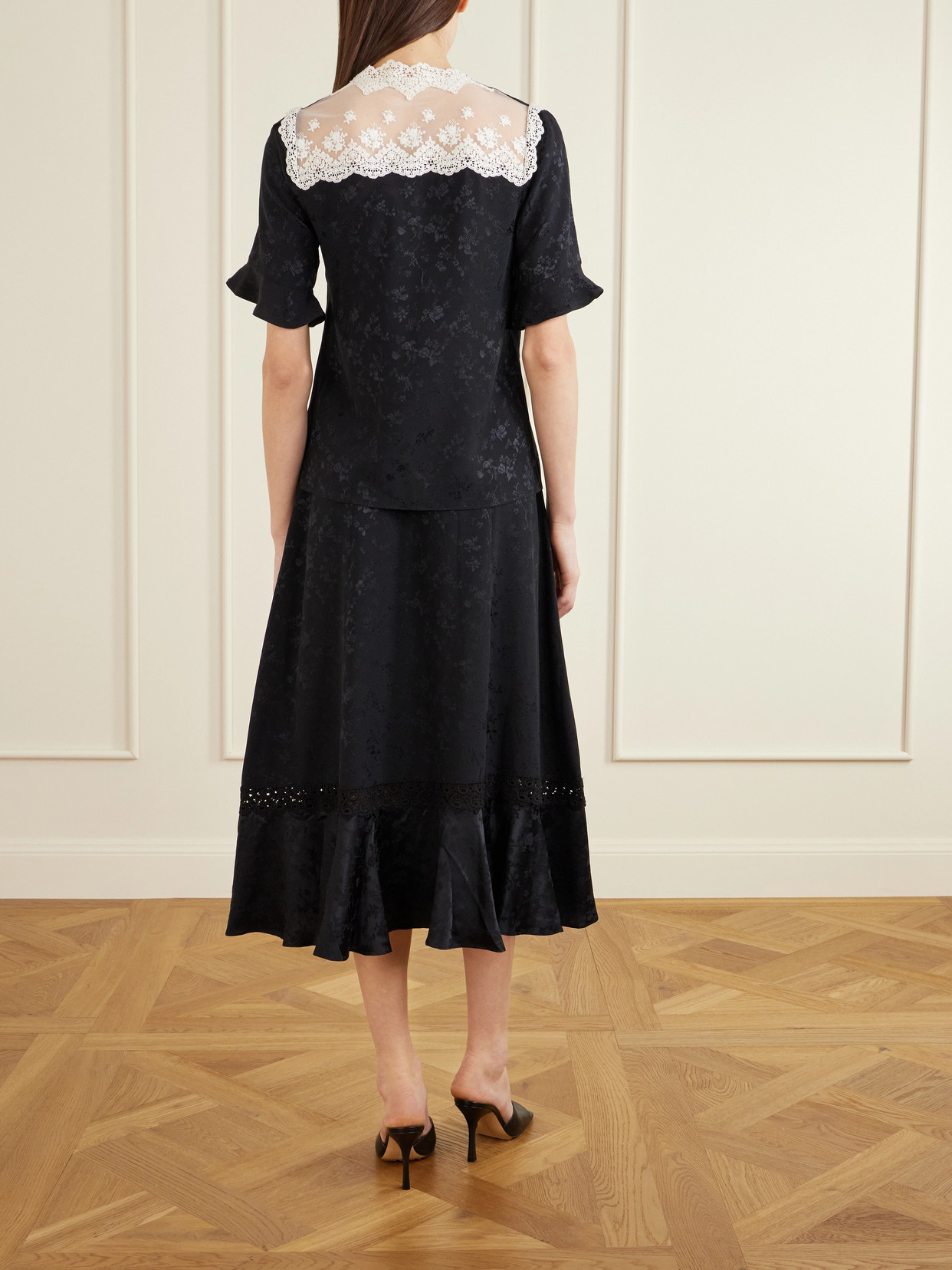 Margarita Mesh And Crochet-Trimmed Floral-Jacquard Silk-Crepe Blouse
