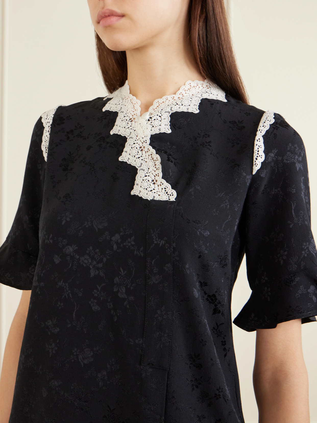 Margarita Mesh And Crochet-Trimmed Floral-Jacquard Silk-Crepe Blouse
