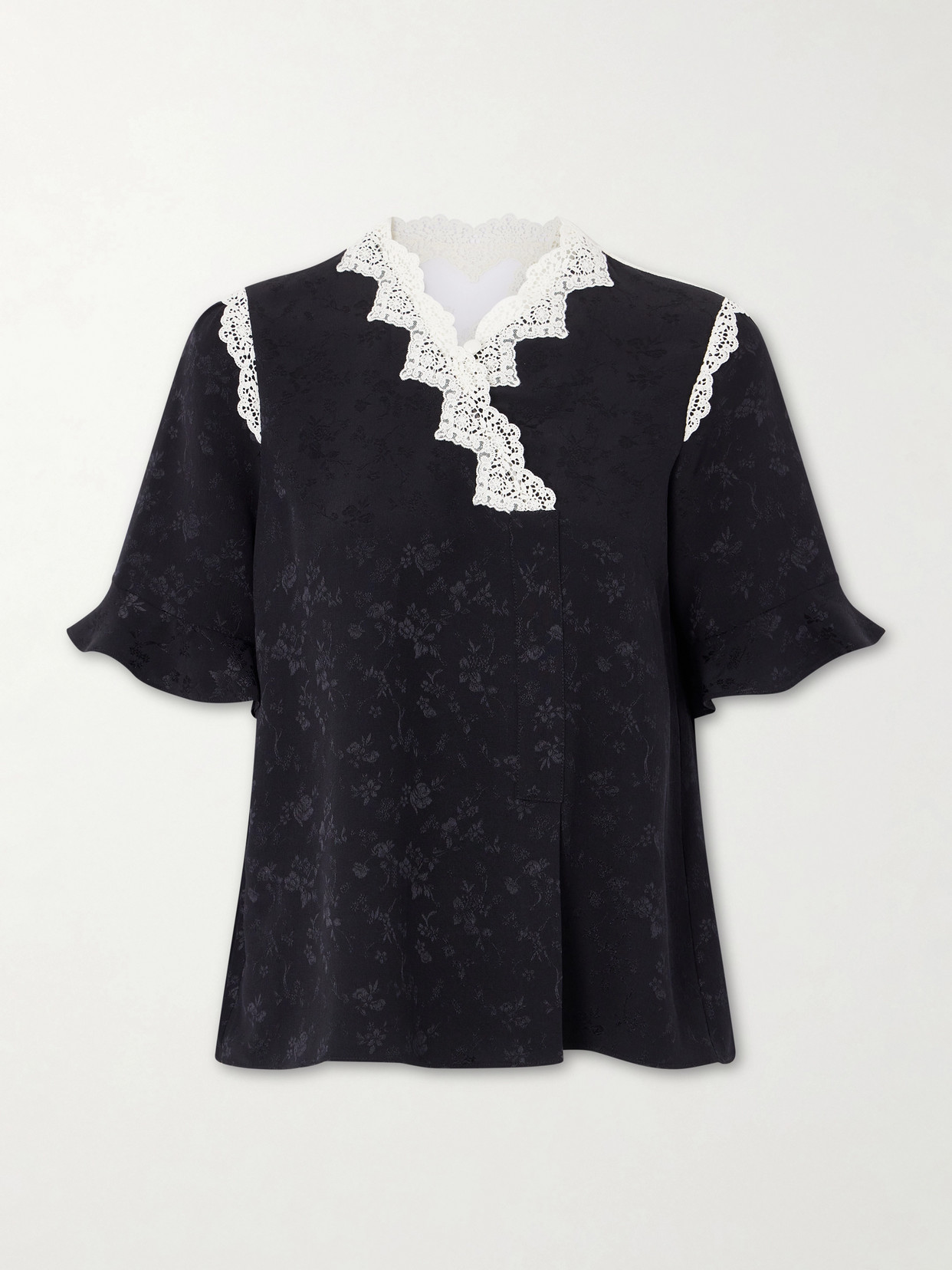 Maison Mayle Margarita Mesh And Crochet-trimmed Floral-jacquard Silk-crepe Blouse In Black