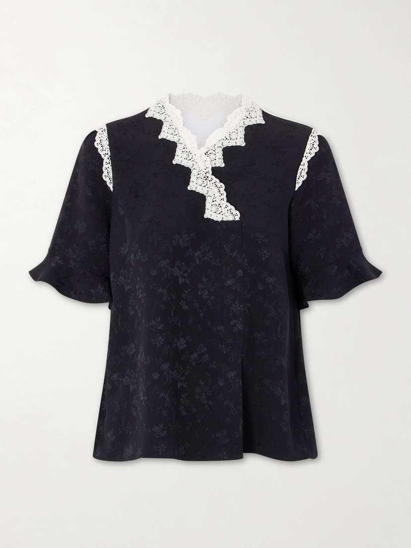 MAISON MAYLE Margarita Mesh And Crochet-trimmed Floral-jacquard Silk-crepe Blouse
