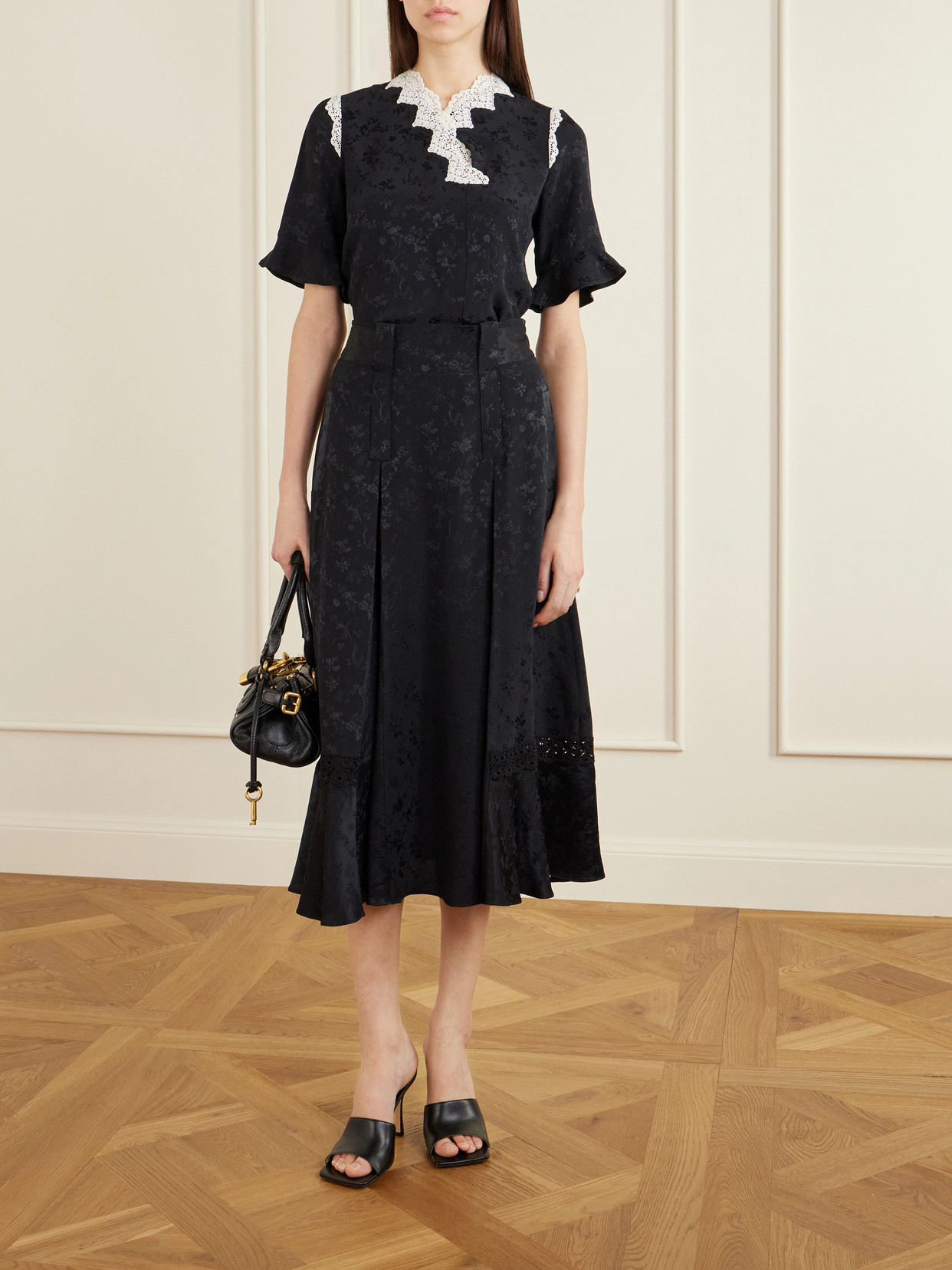 Margarita Mesh And Crochet-Trimmed Floral-Jacquard Silk-Crepe Blouse