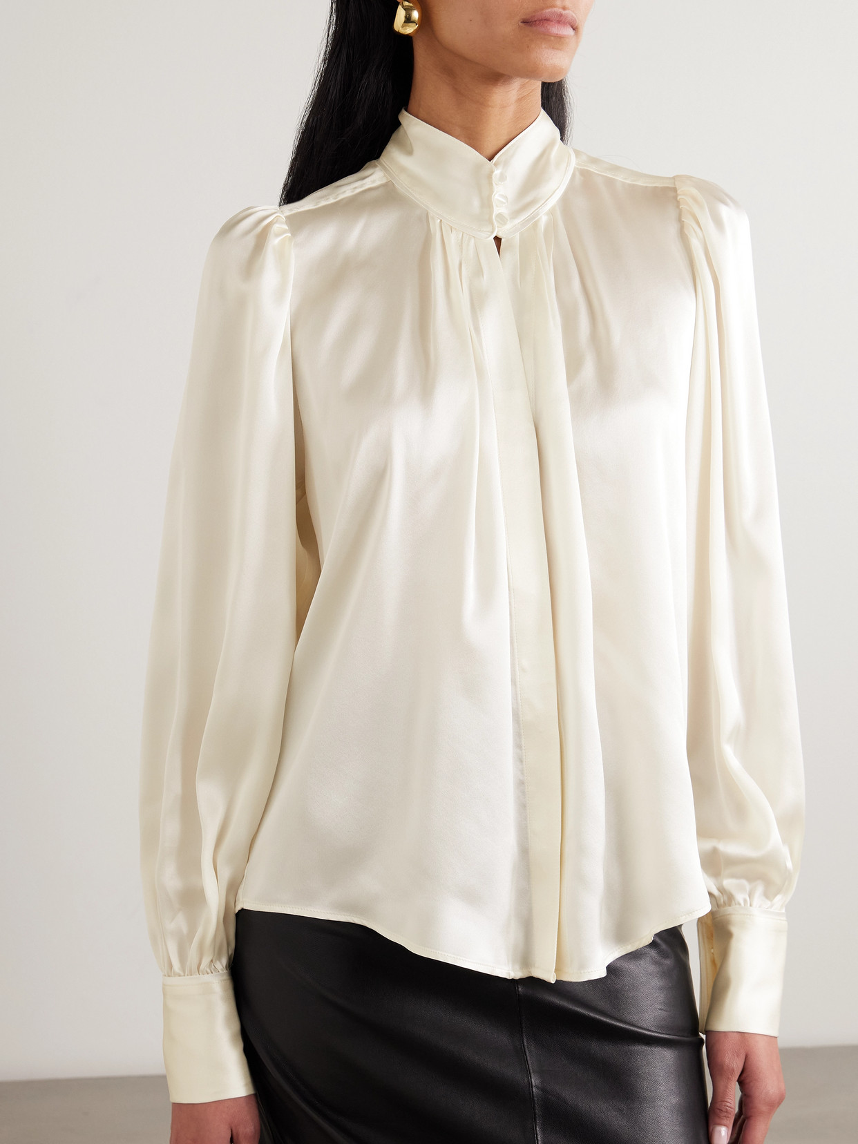 Maison Mayle Val D'isere Gathered Silk-charmeuse Blouse In White
